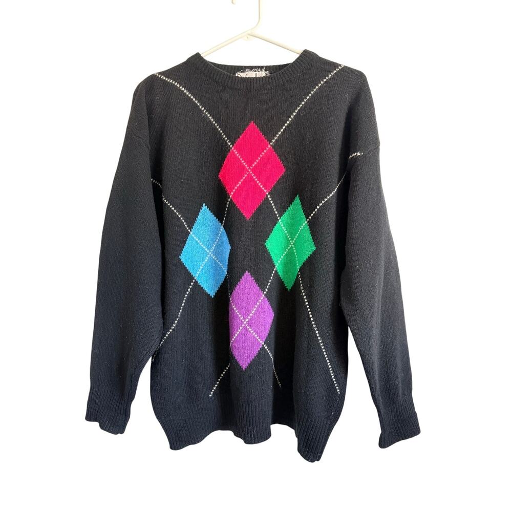 Vintage Rafaella Wool Angore Argyle Sweater Black Multi-Colored Medium Retro